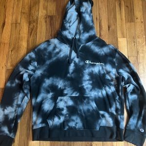 Unisex Blue And White Tie Dye Champion Draw String Hoodie Sweatshirt Size Large